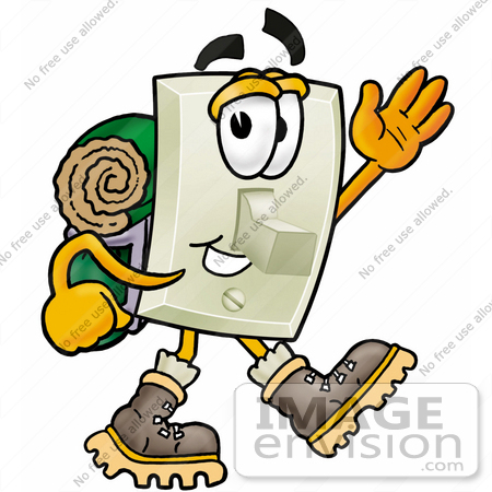 #24459 Clip Art Graphic of a White Electrical Light Switch Cartoon Character Hiking and Carrying a Backpack by toons4biz