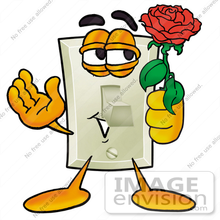 #24463 Clip Art Graphic of a White Electrical Light Switch Cartoon Character Holding a Red Rose on Valentines Day by toons4biz