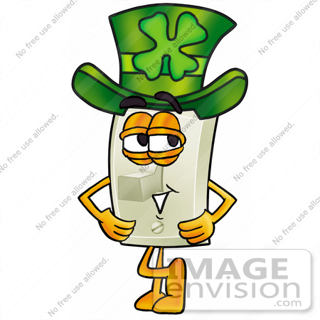 #24464 Clip Art Graphic of a White Electrical Light Switch Cartoon Character Wearing a Saint Patricks Day Hat With a Clover on it by toons4biz