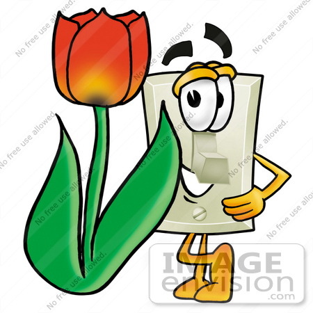 #24465 Clip Art Graphic of a White Electrical Light Switch Cartoon Character With a Red Tulip Flower in the Spring by toons4biz