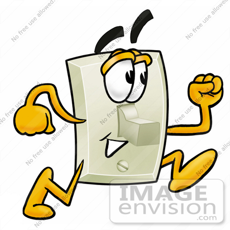 #24468 Clip Art Graphic of a White Electrical Light Switch Cartoon Character Running by toons4biz