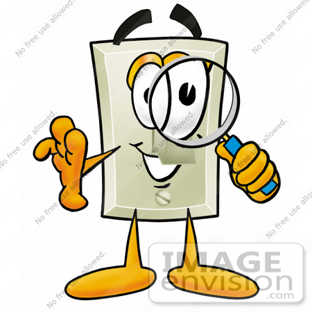 #24469 Clip Art Graphic of a White Electrical Light Switch Cartoon Character Looking Through a Magnifying Glass by toons4biz