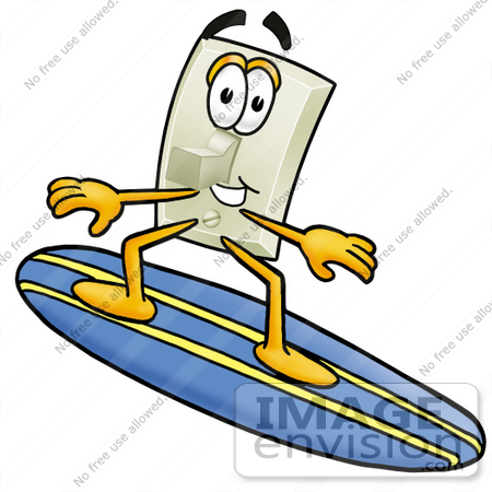 #24470 Clip Art Graphic of a White Electrical Light Switch Cartoon Character Surfing on a Blue and Yellow Surfboard by toons4biz