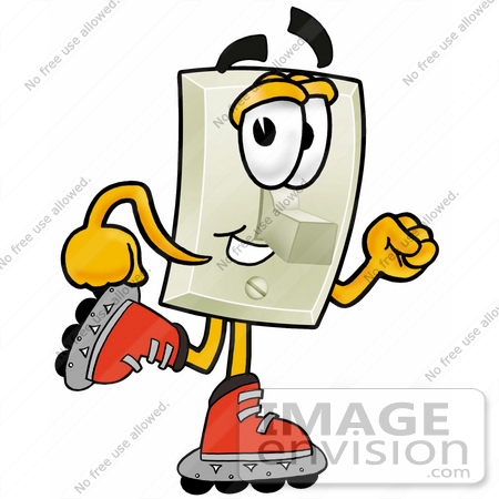 #24478 Clip Art Graphic of a White Electrical Light Switch Cartoon Character Roller Blading on Inline Skates by toons4biz