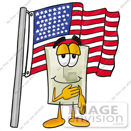 #24479 Clip Art Graphic of a White Electrical Light Switch Cartoon Character Pledging Allegiance to an American Flag by toons4biz