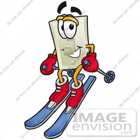 #24480 Clip Art Graphic of a White Electrical Light Switch Cartoon Character Skiing Downhill by toons4biz