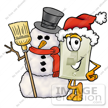 #24482 Clip Art Graphic of a White Electrical Light Switch Cartoon Character With a Snowman on Christmas by toons4biz