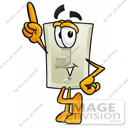 #24486 Clip Art Graphic of a White Electrical Light Switch Cartoon Character Pointing Upwards by toons4biz