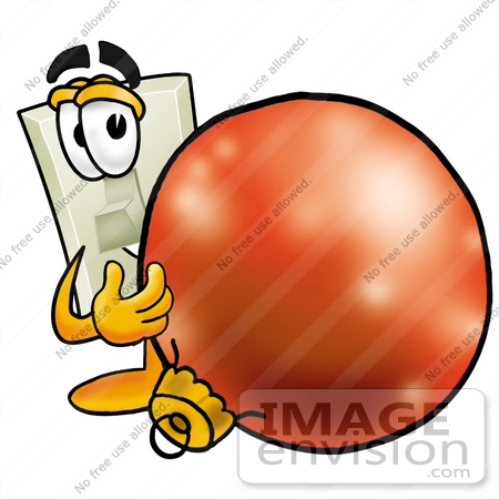 #24488 Clip Art Graphic of a White Electrical Light Switch Cartoon Character Standing With a Christmas Bauble by toons4biz