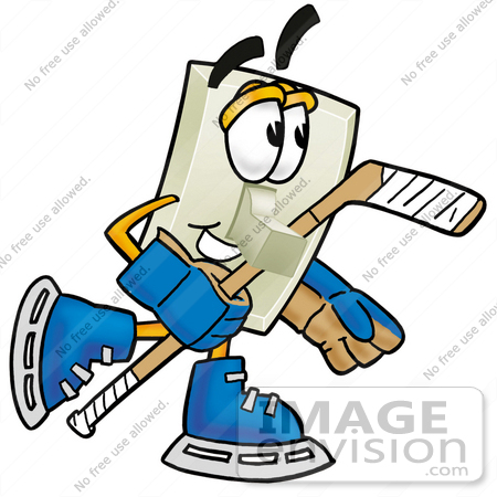 #24489 Clip Art Graphic of a White Electrical Light Switch Cartoon Character Playing Ice Hockey by toons4biz