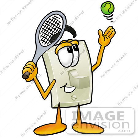 #24491 Clip Art Graphic of a White Electrical Light Switch Cartoon Character Preparing to Hit a Tennis Ball by toons4biz
