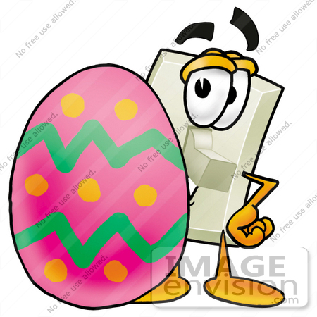 #24492 Clip Art Graphic of a White Electrical Light Switch Cartoon Character Standing Beside an Easter Egg by toons4biz