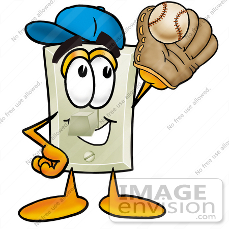 #24493 Clip Art Graphic of a White Electrical Light Switch Cartoon Character Catching a Baseball With a Glove by toons4biz