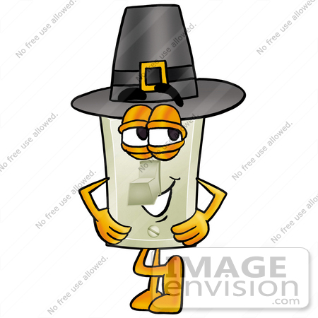 #24496 Clip Art Graphic of a White Electrical Light Switch Cartoon Character Wearing a Pilgrim Hat on Thanksgiving by toons4biz