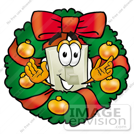 #24497 Clip Art Graphic of a White Electrical Light Switch Cartoon Character in the Center of a Christmas Wreath by toons4biz