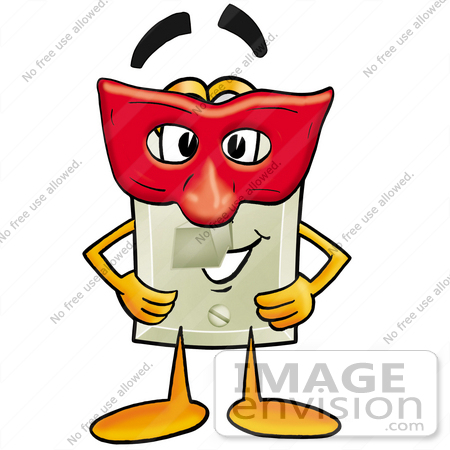 #24498 Clip Art Graphic of a White Electrical Light Switch Cartoon Character Wearing a Red Mask Over His Face by toons4biz