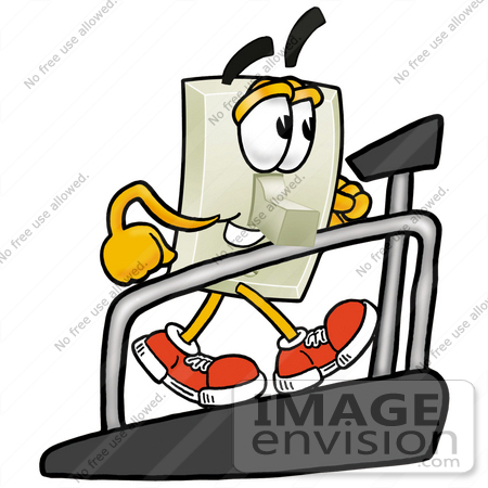 #24499 Clip Art Graphic of a White Electrical Light Switch Cartoon Character Walking on a Treadmill in a Fitness Gym by toons4biz