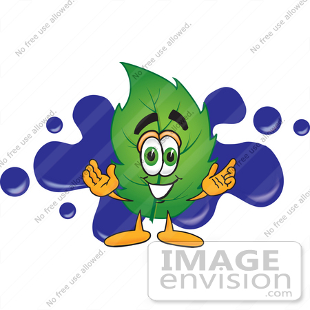 #24504 Clip Art Graphic of a Green Tree Leaf Cartoon Character Logo With Blue Paint Splatters by toons4biz