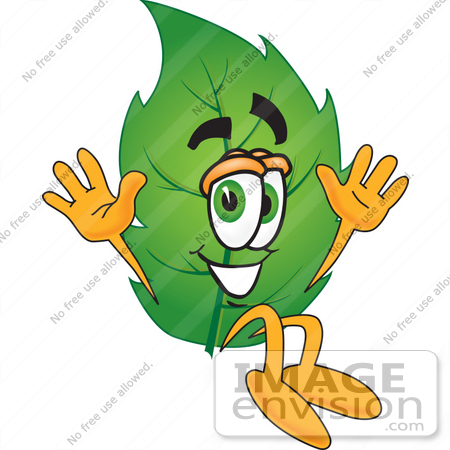 #24507 Clip Art Graphic of a Green Tree Leaf Cartoon Character Jumping by toons4biz