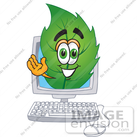 #24509 Clip Art Graphic of a Green Tree Leaf Cartoon Character Waving From Inside a Computer Screen by toons4biz
