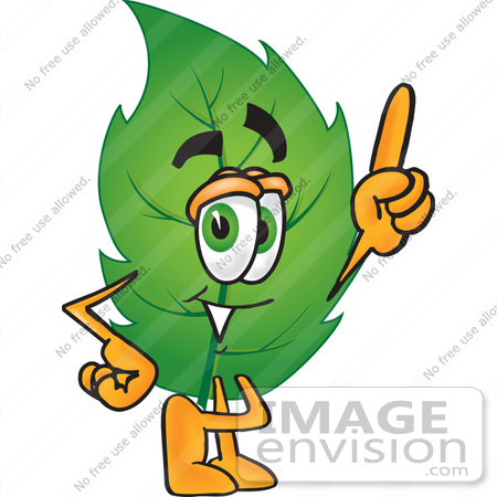 #24510 Clip Art Graphic of a Green Tree Leaf Cartoon Character Pointing Upwards by toons4biz