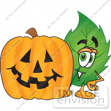 #24511 Clip Art Graphic of a Green Tree Leaf Cartoon Character With a Carved Halloween Pumpkin by toons4biz