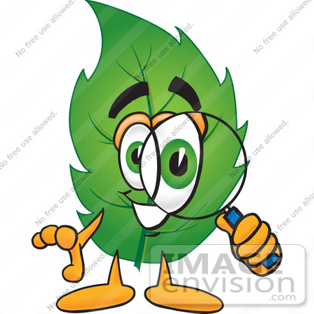 #24512 Clip Art Graphic of a Green Tree Leaf Cartoon Character Looking Through a Magnifying Glass by toons4biz
