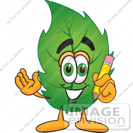 #24513 Clip Art Graphic of a Green Tree Leaf Cartoon Character Holding a Pencil by toons4biz