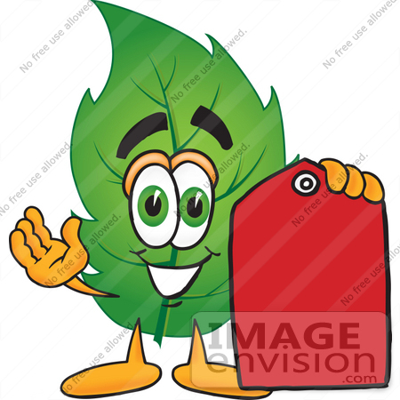 #24516 Clip Art Graphic of a Green Tree Leaf Cartoon Character Holding a Red Sales Price Tag by toons4biz