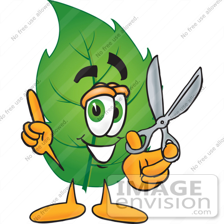 #24518 Clip Art Graphic of a Green Tree Leaf Cartoon Character Holding a Pair of Scissors by toons4biz