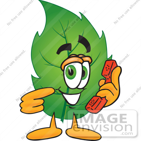 #24520 Clip Art Graphic of a Green Tree Leaf Cartoon Character Holding a Telephone by toons4biz