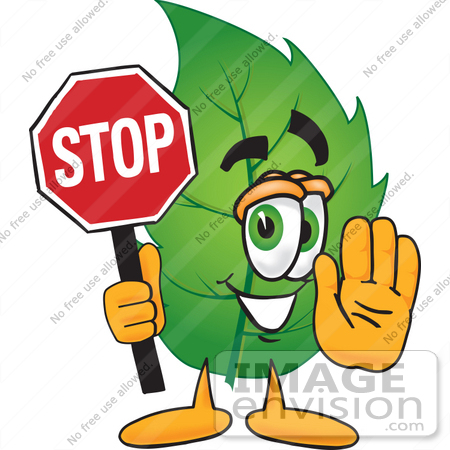#24523 Clip Art Graphic of a Green Tree Leaf Cartoon Character Holding a Stop Sign by toons4biz