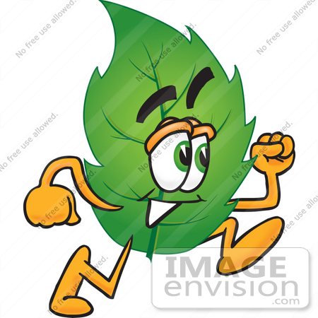 #24525 Clip Art Graphic of a Green Tree Leaf Cartoon Character Running by toons4biz