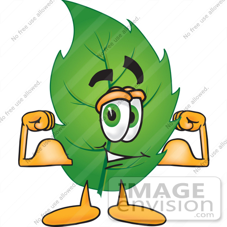 #24526 Clip Art Graphic of a Green Tree Leaf Cartoon Character Flexing His Arm Muscles by toons4biz
