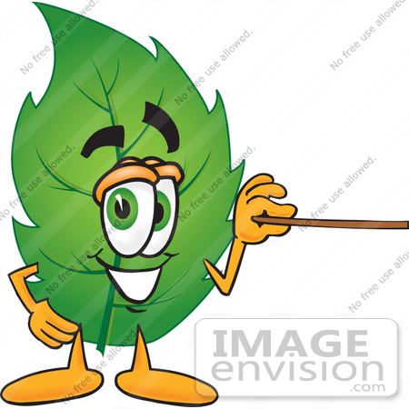 #24529 Clip Art Graphic of a Green Tree Leaf Cartoon Character Holding a Pointer Stick by toons4biz