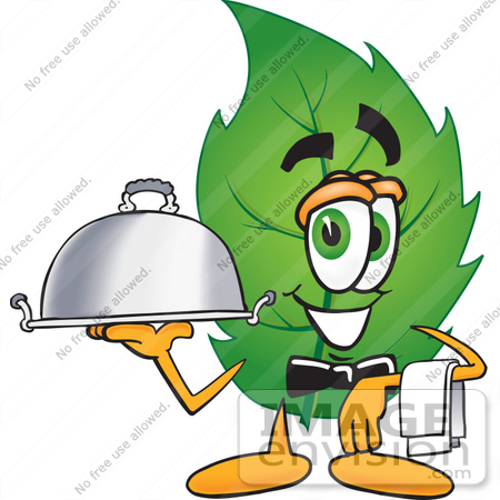 #24530 Clip Art Graphic of a Green Tree Leaf Cartoon Character Dressed as a Waiter and Holding a Serving Platter by toons4biz