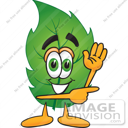 #24533 Clip Art Graphic of a Green Tree Leaf Cartoon Character Waving and Pointing by toons4biz