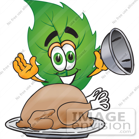 #24534 Clip Art Graphic of a Green Tree Leaf Cartoon Character Serving a Thanksgiving Turkey on a Platter by toons4biz