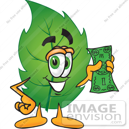 #24535 Clip Art Graphic of a Green Tree Leaf Cartoon Character Holding a Dollar Bill by toons4biz