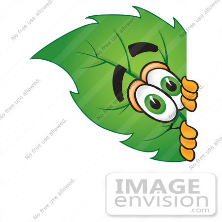 #24536 Clip Art Graphic of a Green Tree Leaf Cartoon Character Peeking Around a Corner by toons4biz