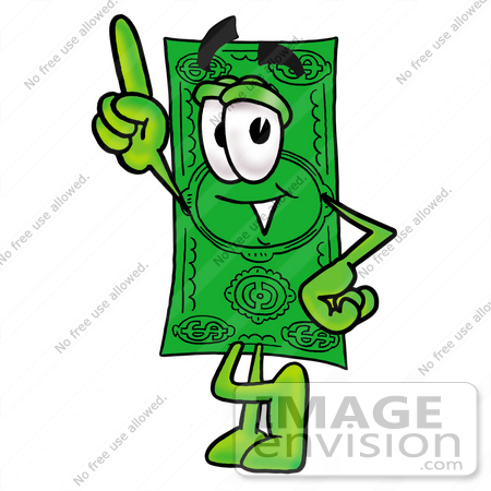 #24537 Clip Art Graphic of a Flat Green Dollar Bill Cartoon Character Pointing Upwards by toons4biz