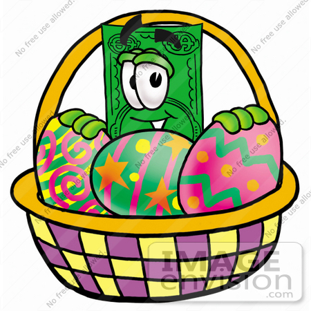 #24538 Clip Art Graphic of a Flat Green Dollar Bill Cartoon Character in an Easter Basket Full of Decorated Easter Eggs by toons4biz