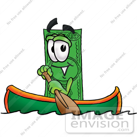 #24540 Clip Art Graphic of a Flat Green Dollar Bill Cartoon Character Rowing a Boat by toons4biz