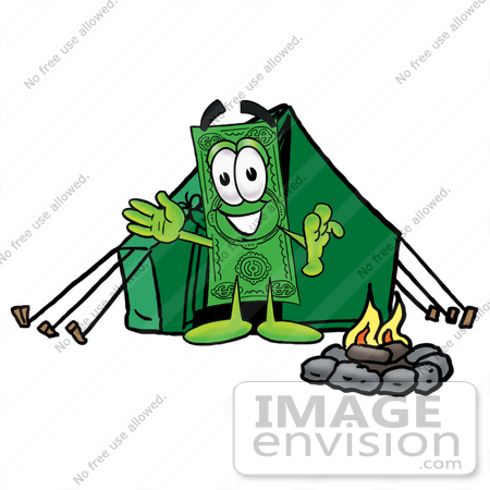 #24542 Clip Art Graphic of a Flat Green Dollar Bill Cartoon Character Camping With a Tent and Fire by toons4biz