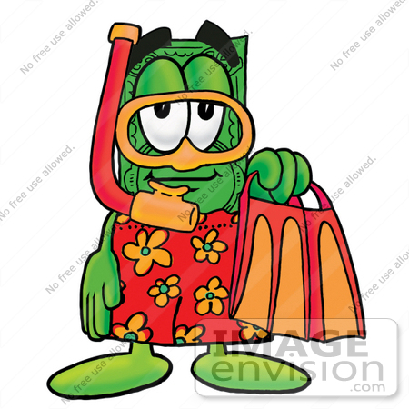 #24544 Clip Art Graphic of a Flat Green Dollar Bill Cartoon Character in Orange and Red Snorkel Gear by toons4biz