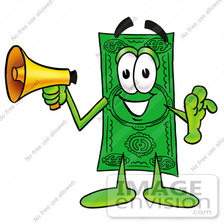 #24545 Clip Art Graphic of a Flat Green Dollar Bill Cartoon Character Holding a Megaphone by toons4biz