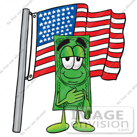 #24546 Clip Art Graphic of a Flat Green Dollar Bill Cartoon Character Pledging Allegiance to an American Flag by toons4biz