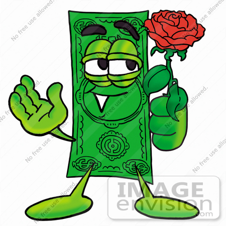 #24547 Clip Art Graphic of a Flat Green Dollar Bill Cartoon Character Holding a Red Rose on Valentines Day by toons4biz