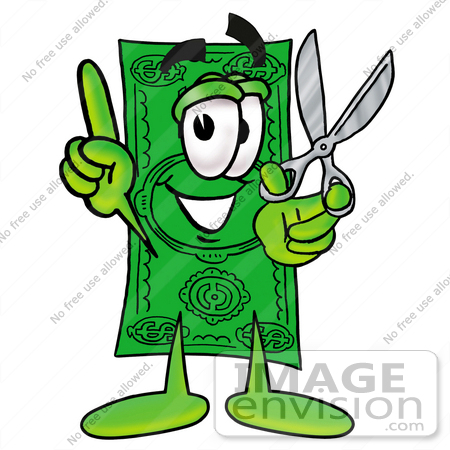 #24548 Clip Art Graphic of a Flat Green Dollar Bill Cartoon Character Holding a Pair of Scissors by toons4biz