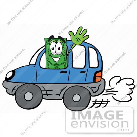 #24550 Clip Art Graphic of a Flat Green Dollar Bill Cartoon Character Driving a Blue Car and Waving by toons4biz